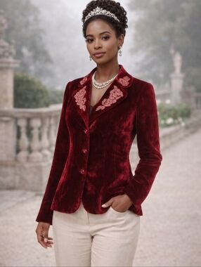 Bob Mackie Red Velvet Burnt Out silk Blend Whimsigoth Embroidered Blazer Sz S